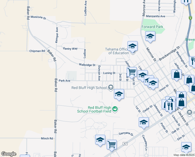 map of restaurants, bars, coffee shops, grocery stores, and more near 1415 Duncan Avenue in Red Bluff