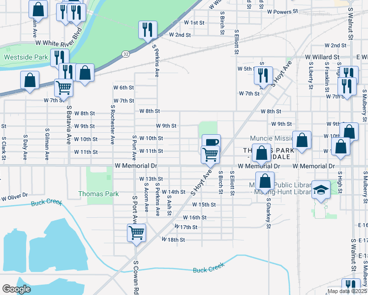 map of restaurants, bars, coffee shops, grocery stores, and more near 1300 West Memorial Drive in Muncie