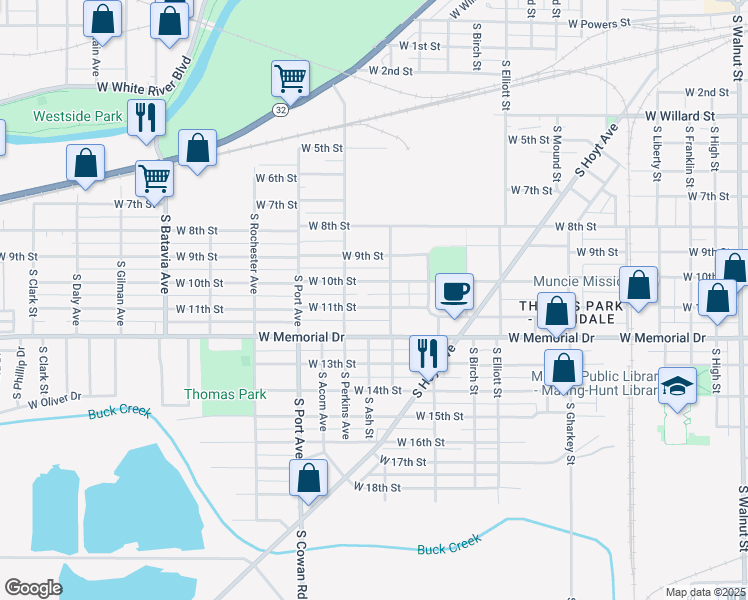 map of restaurants, bars, coffee shops, grocery stores, and more near 1416 West 11th Street in Muncie