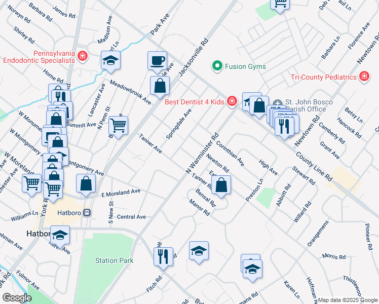 map of restaurants, bars, coffee shops, grocery stores, and more near 355 Pershing Avenue in Hatboro