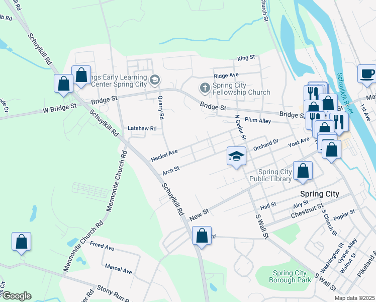 map of restaurants, bars, coffee shops, grocery stores, and more near 700 Heckel Avenue in Spring City