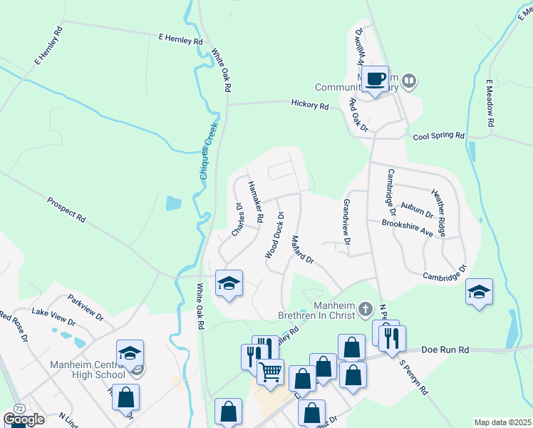 map of restaurants, bars, coffee shops, grocery stores, and more near 677 Hamaker Road in Manheim