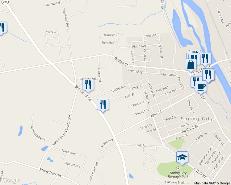 map of restaurants, bars, coffee shops, grocery stores, and more near 700 Heckel Avenue in Spring City