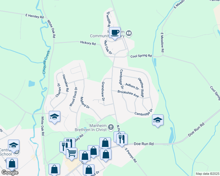 map of restaurants, bars, coffee shops, grocery stores, and more near 260 North Penryn Road in Manheim