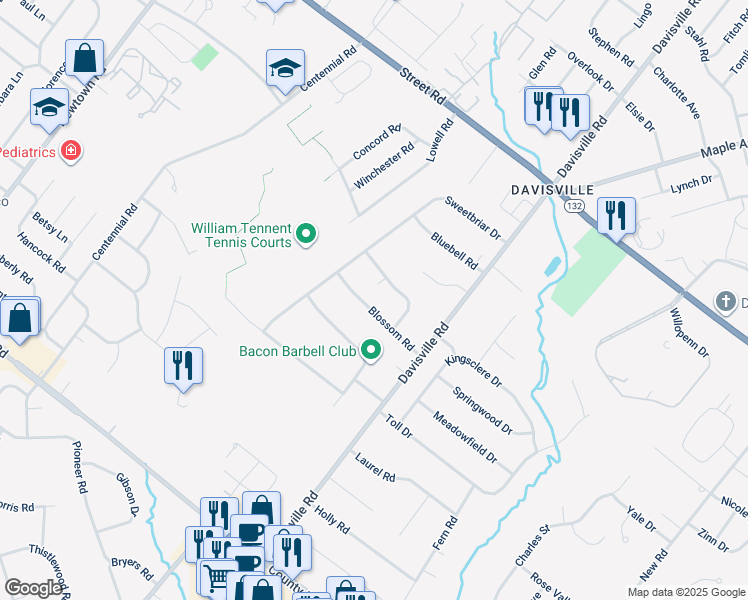 map of restaurants, bars, coffee shops, grocery stores, and more near 751 Blossom Road in Warminster