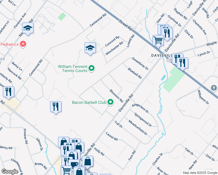 map of restaurants, bars, coffee shops, grocery stores, and more near 751 Blossom Road in Warminster