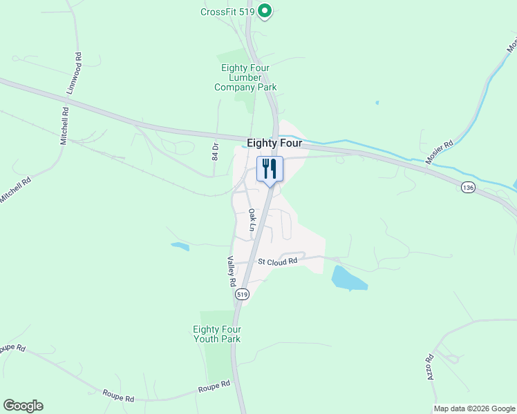 map of restaurants, bars, coffee shops, grocery stores, and more near 9 Oak Street in Eighty Four