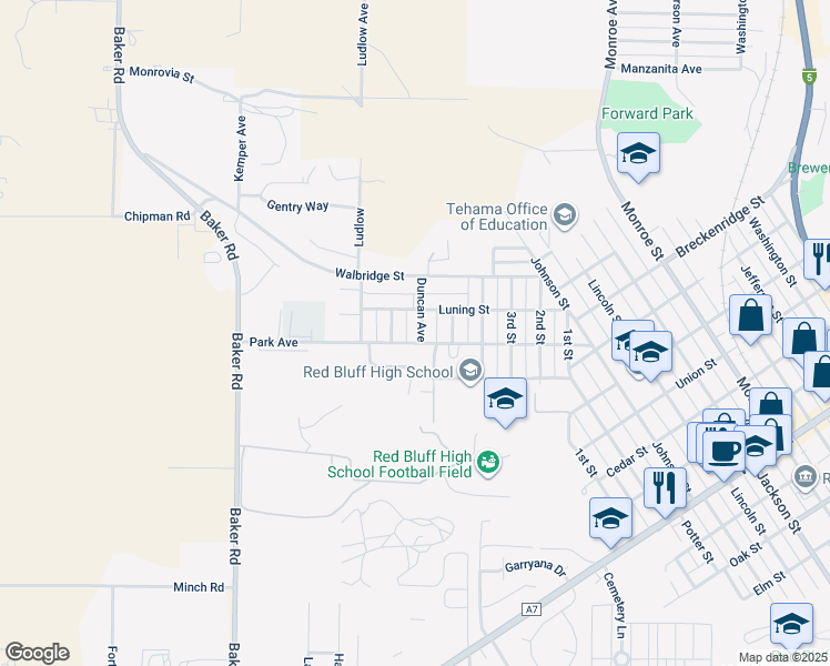 map of restaurants, bars, coffee shops, grocery stores, and more near 1415 Duncan Avenue in Red Bluff