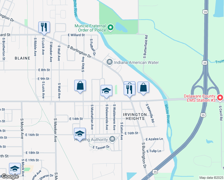 map of restaurants, bars, coffee shops, grocery stores, and more near 3100 East Memorial Drive in Muncie