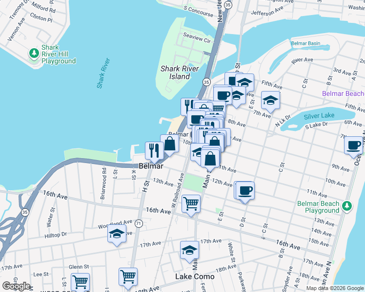 map of restaurants, bars, coffee shops, grocery stores, and more near 801 11th Avenue in Belmar