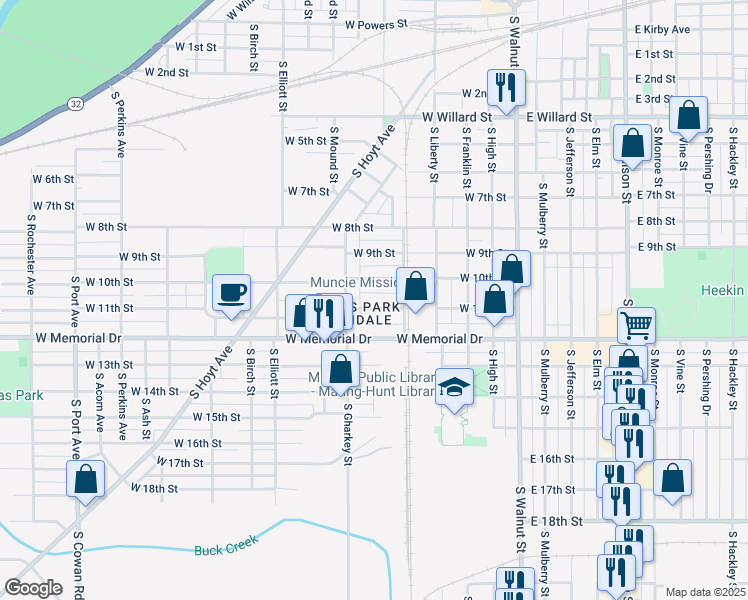 map of restaurants, bars, coffee shops, grocery stores, and more near 513 West 11th Street in Muncie