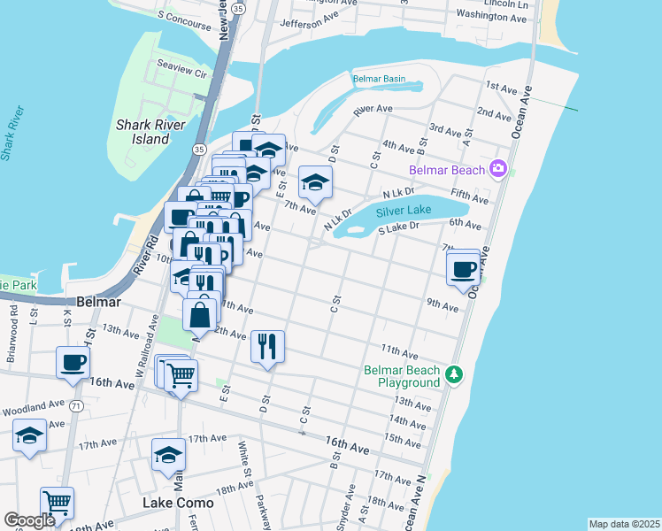 map of restaurants, bars, coffee shops, grocery stores, and more near 411 9th Avenue in Belmar