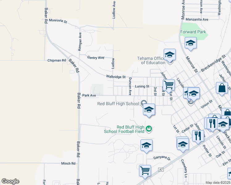 map of restaurants, bars, coffee shops, grocery stores, and more near 1420 Bulkeley Street in Red Bluff