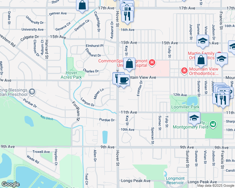 map of restaurants, bars, coffee shops, grocery stores, and more near 1211 South Hover Road in Longmont