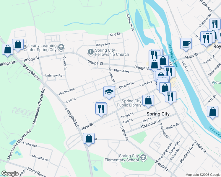 map of restaurants, bars, coffee shops, grocery stores, and more near 435 Yost Avenue in Spring City