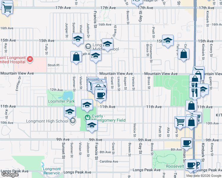 map of restaurants, bars, coffee shops, grocery stores, and more near 1136 Grant Street in Longmont