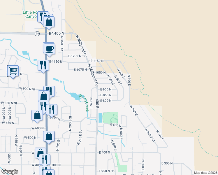 map of restaurants, bars, coffee shops, grocery stores, and more near 455 East 850 North in Springville