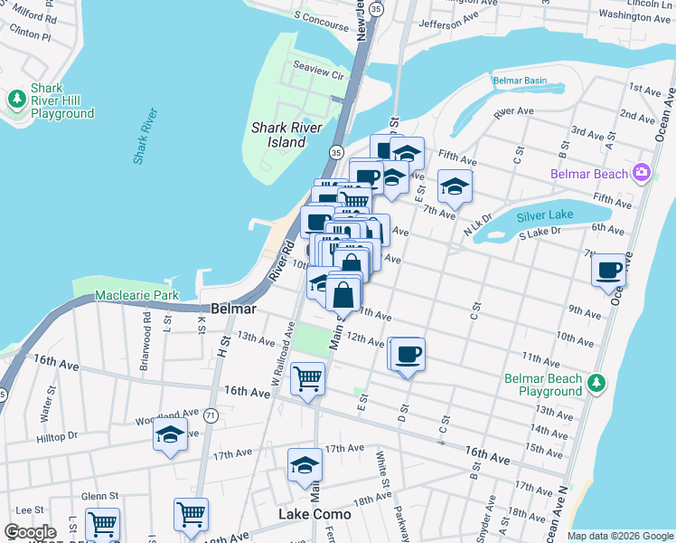 map of restaurants, bars, coffee shops, grocery stores, and more near 1005 Main Street in Belmar