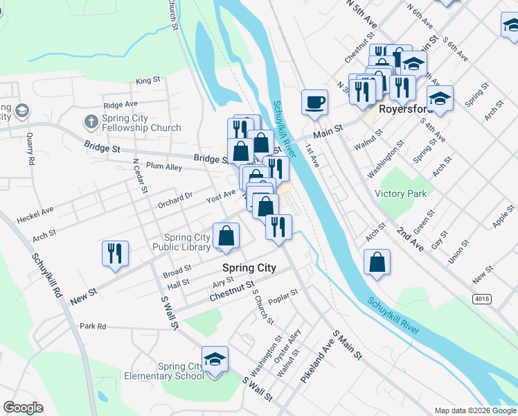 map of restaurants, bars, coffee shops, grocery stores, and more near 64 North Main Street in Spring City