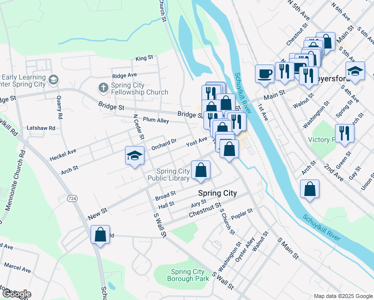map of restaurants, bars, coffee shops, grocery stores, and more near 249 New Street in Spring City