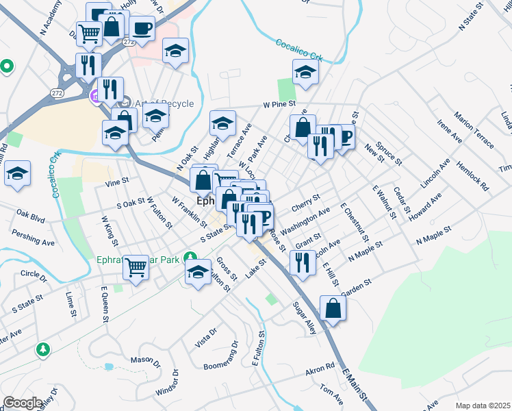 map of restaurants, bars, coffee shops, grocery stores, and more near 27 North State Street in Ephrata