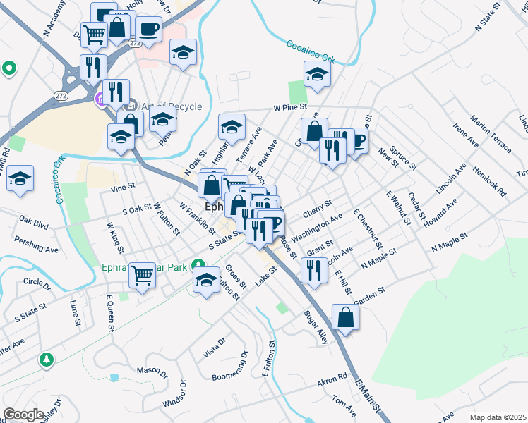 map of restaurants, bars, coffee shops, grocery stores, and more near 27 North State Street in Ephrata
