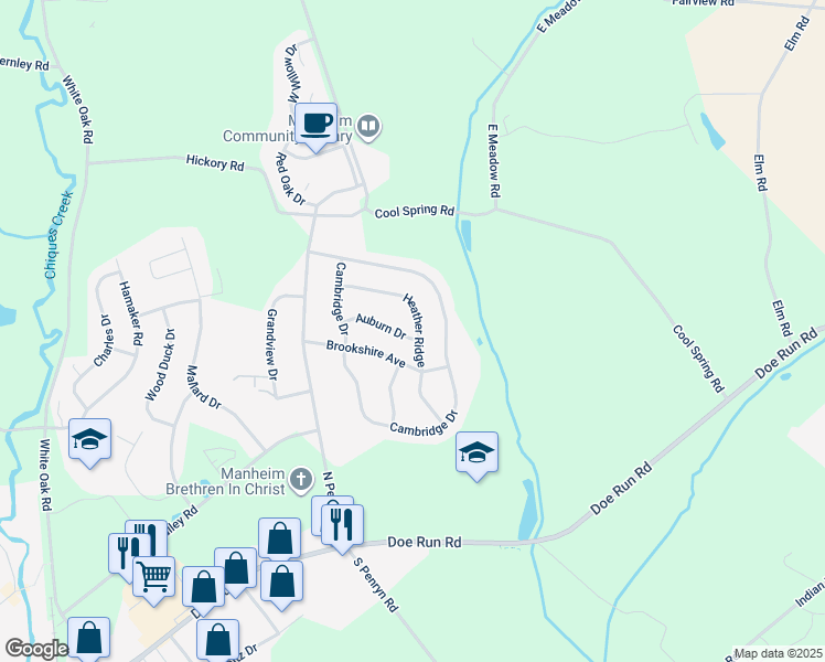 map of restaurants, bars, coffee shops, grocery stores, and more near 749 Heather Ridge in Manheim