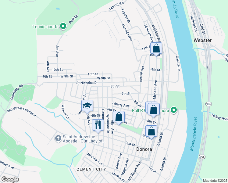 map of restaurants, bars, coffee shops, grocery stores, and more near 479 7th Street in Donora