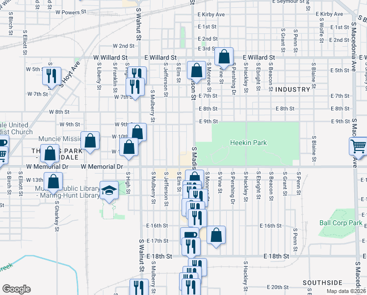 map of restaurants, bars, coffee shops, grocery stores, and more near 1803 South Elm Street in Muncie