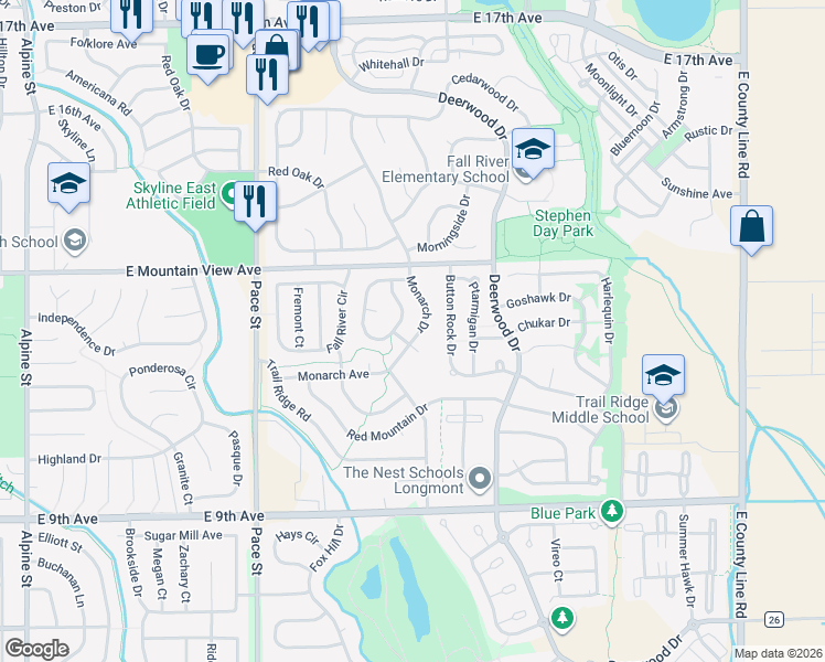 map of restaurants, bars, coffee shops, grocery stores, and more near 1346 Wilkerson Way in Longmont