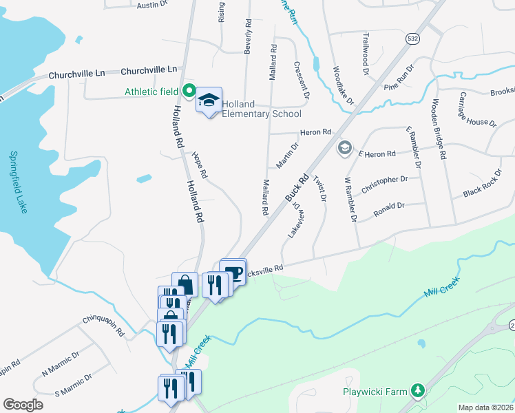 map of restaurants, bars, coffee shops, grocery stores, and more near 4 Mallard Road in Holland