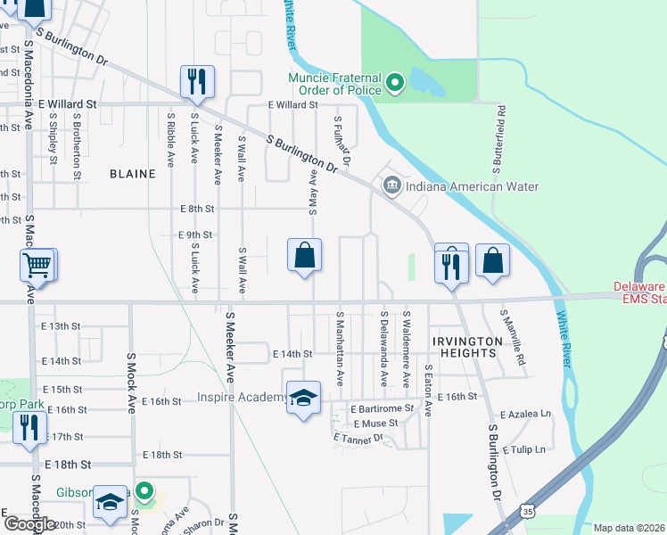 map of restaurants, bars, coffee shops, grocery stores, and more near 1807 South Manhattan Avenue in Muncie