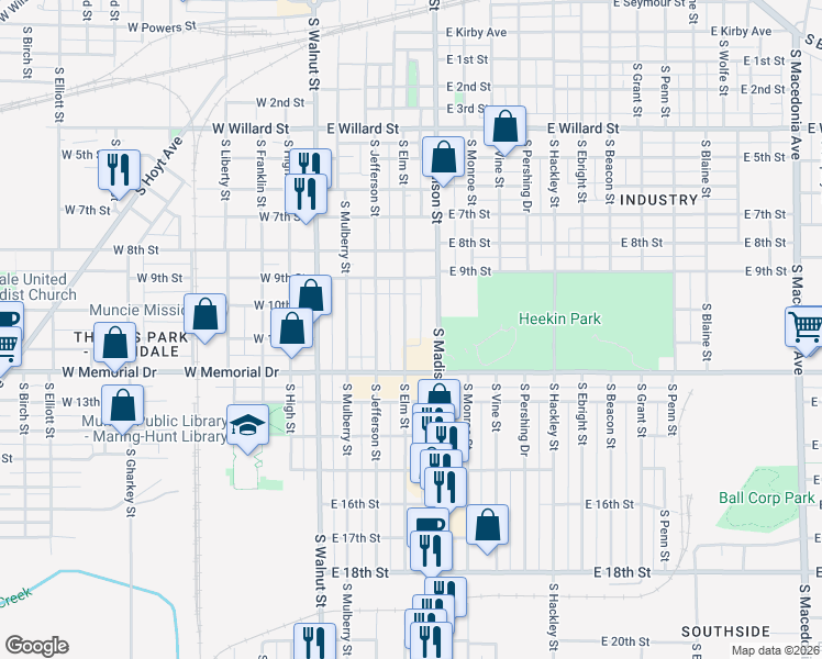 map of restaurants, bars, coffee shops, grocery stores, and more near 1803 South Elm Street in Muncie