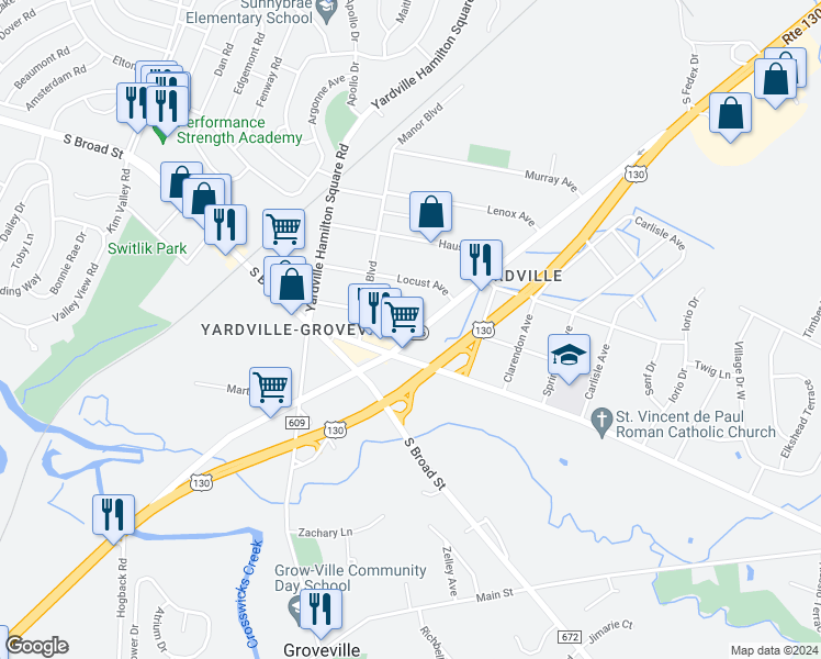 map of restaurants, bars, coffee shops, grocery stores, and more near 11 Waln Avenue in Hamilton Township