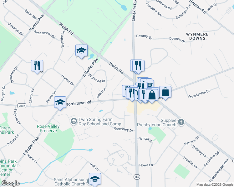 map of restaurants, bars, coffee shops, grocery stores, and more near 1821 Norristown Road in Maple Glen