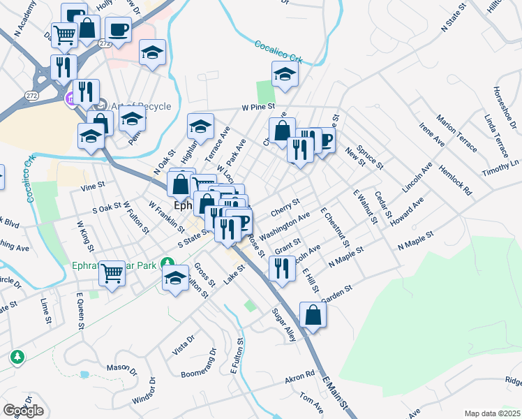 map of restaurants, bars, coffee shops, grocery stores, and more near 117 North State Street in Ephrata