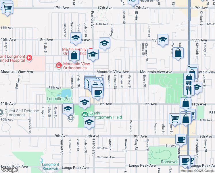 map of restaurants, bars, coffee shops, grocery stores, and more near 1136 Grant Street in Longmont
