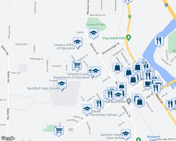 map of restaurants, bars, coffee shops, grocery stores, and more near 1303 Lincoln Street in Red Bluff