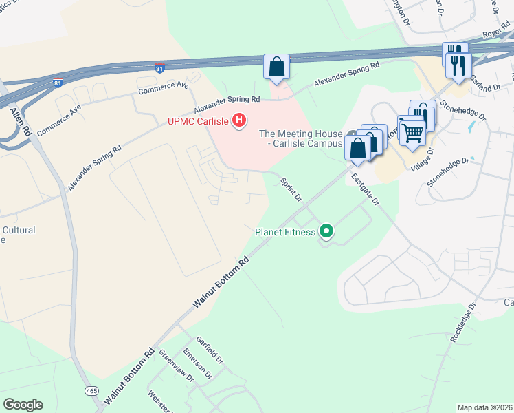 map of restaurants, bars, coffee shops, grocery stores, and more near 1201 Walnut Bottom Road in Carlisle