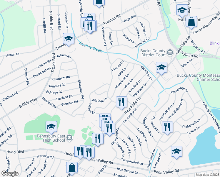 map of restaurants, bars, coffee shops, grocery stores, and more near 70 Vermillion Drive in Levittown