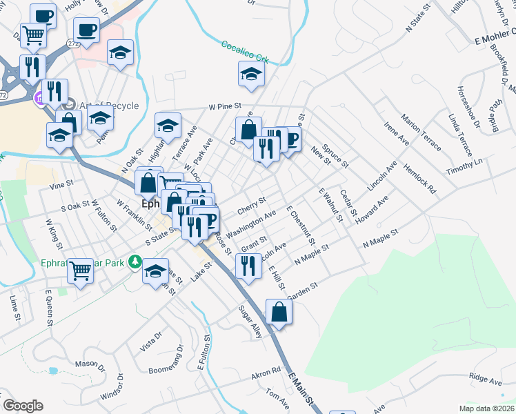 map of restaurants, bars, coffee shops, grocery stores, and more near 26 Marshall Street in Ephrata