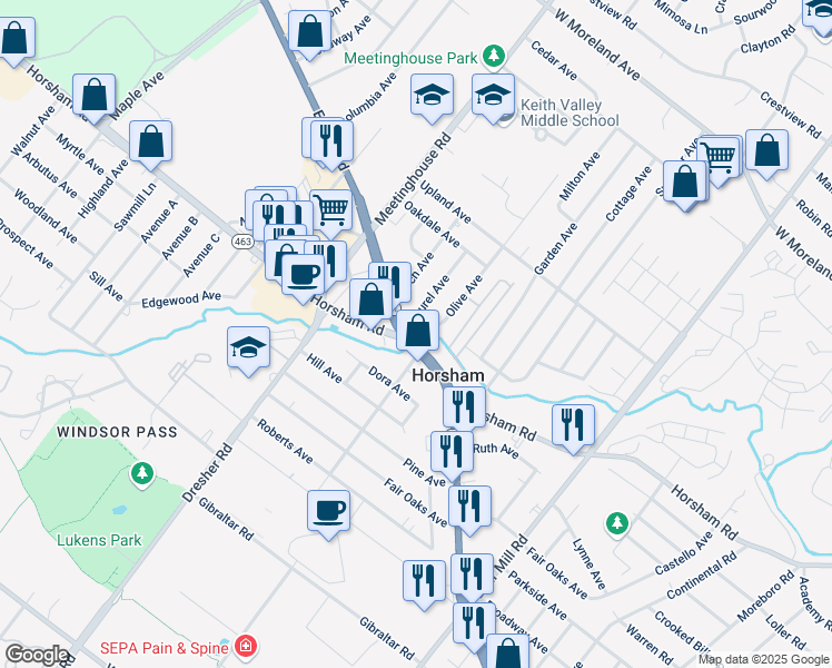 map of restaurants, bars, coffee shops, grocery stores, and more near 402 Johnson Road in Horsham