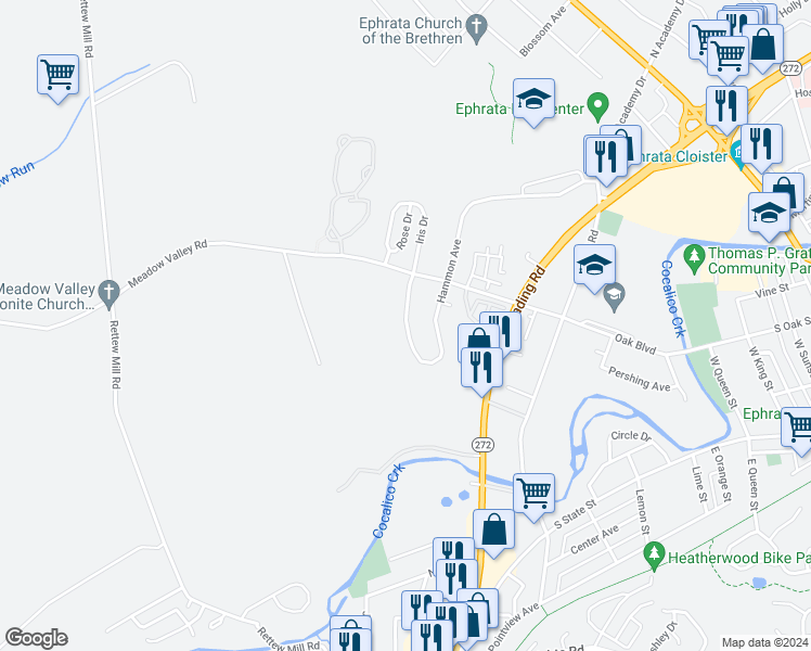 map of restaurants, bars, coffee shops, grocery stores, and more near 1292 Hammon Avenue in Ephrata Township