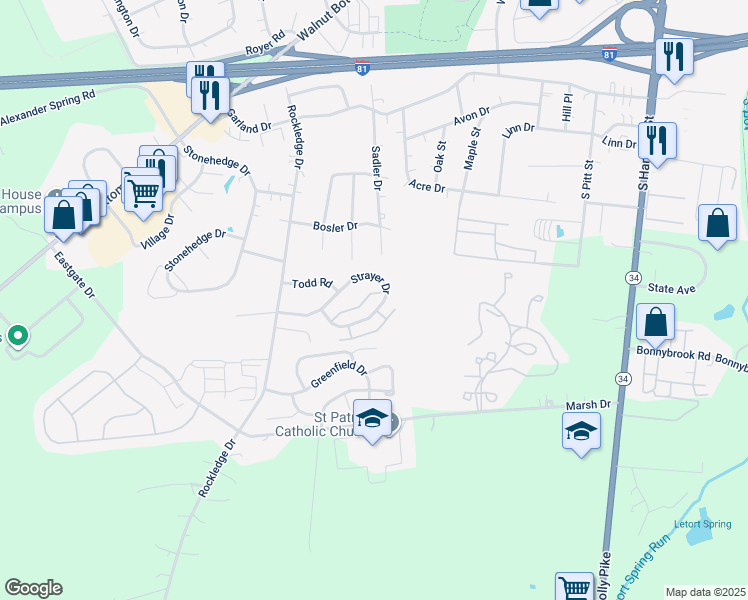 map of restaurants, bars, coffee shops, grocery stores, and more near 102 Strayer Drive in Carlisle