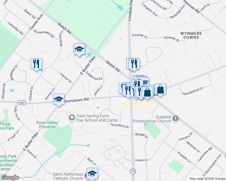 map of restaurants, bars, coffee shops, grocery stores, and more near 1821 Norristown Road in Maple Glen