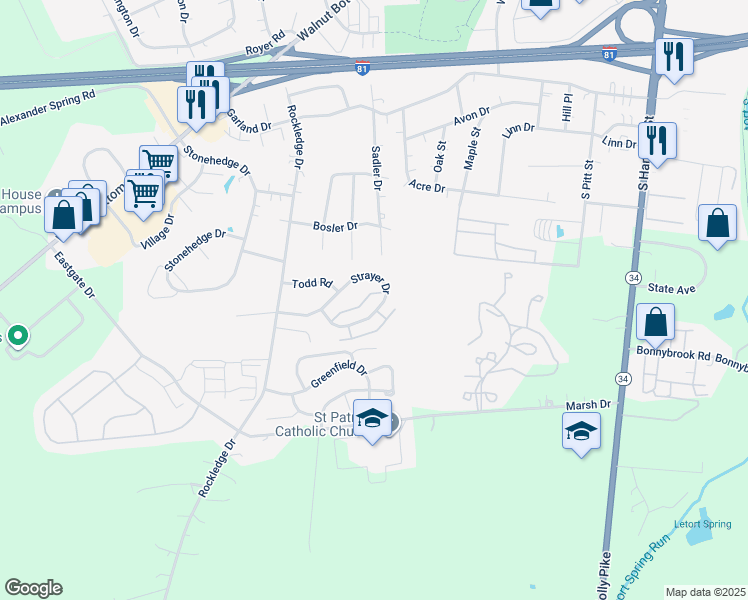 map of restaurants, bars, coffee shops, grocery stores, and more near 102 Strayer Drive in Carlisle