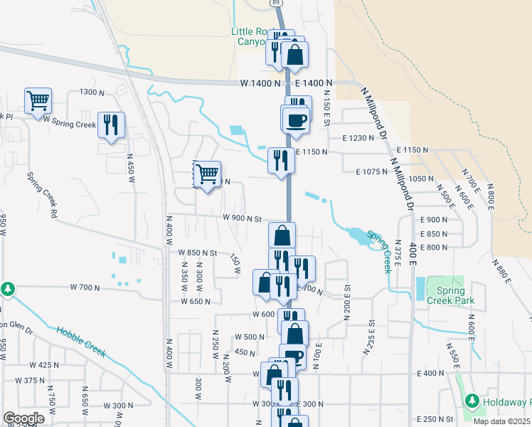 map of restaurants, bars, coffee shops, grocery stores, and more near 76 West 900 North in Springville