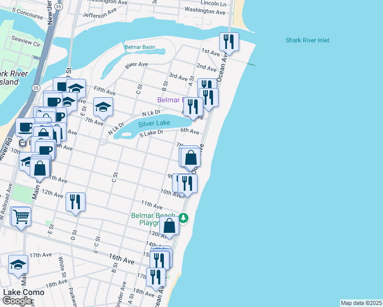 map of restaurants, bars, coffee shops, grocery stores, and more near 701 Ocean Avenue in Belmar