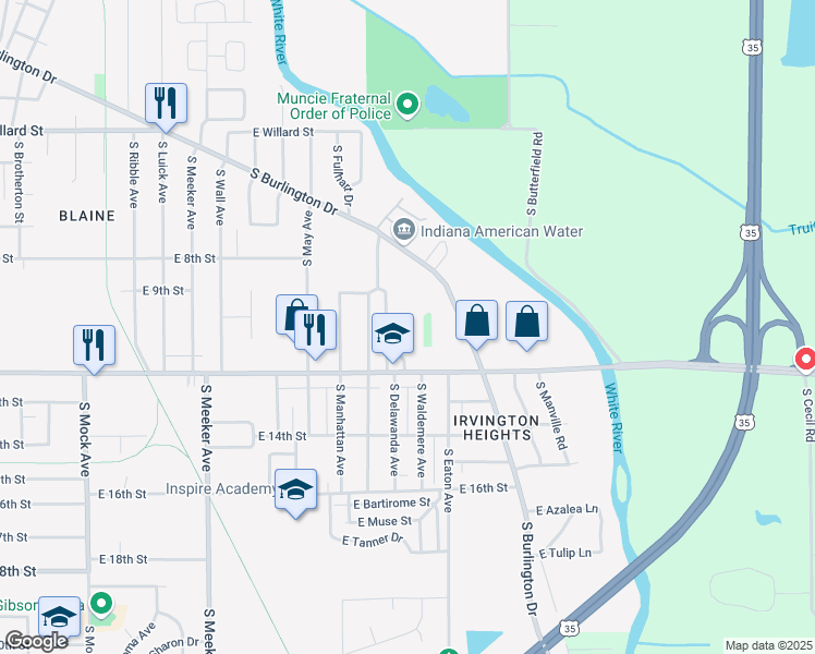 map of restaurants, bars, coffee shops, grocery stores, and more near 3100 East Memorial Drive in Muncie