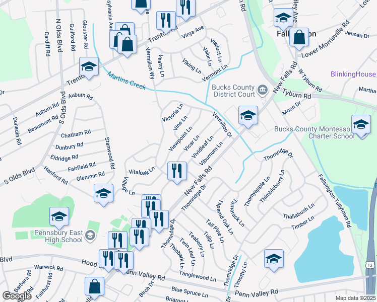 map of restaurants, bars, coffee shops, grocery stores, and more near 30 Vicar Lane in Levittown